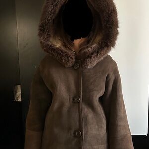 MANZARI Dark Brown Knee length Leather and Fur Shearling Coat, Size Small